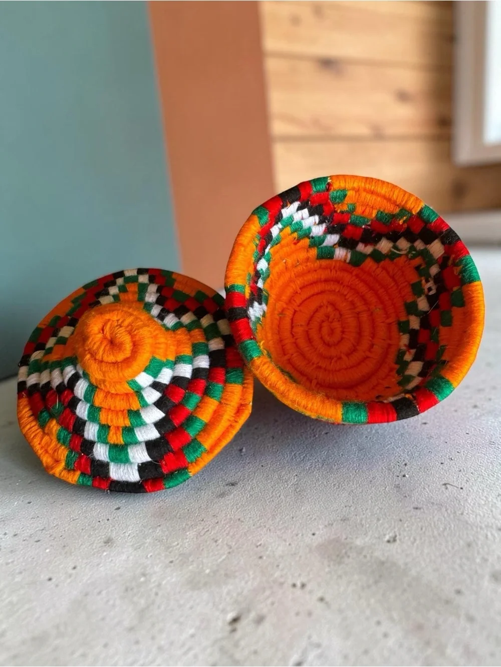 Berber Handwoven Wool Yarn Orange Basket with Lid.